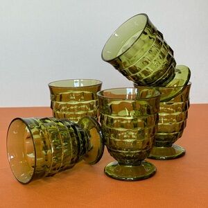Vintage Indiana Glass Whitehall Cubist Avocado Green Footed Glass Set 5